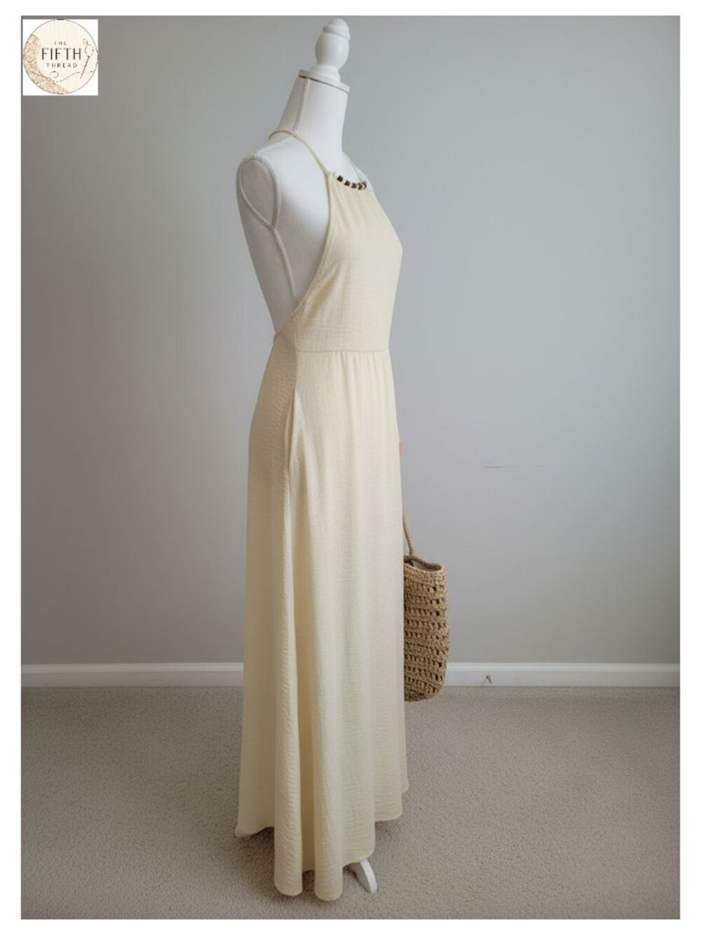 Women's Linen Look Maxi Dress Beaded Straps Backless V-Neck